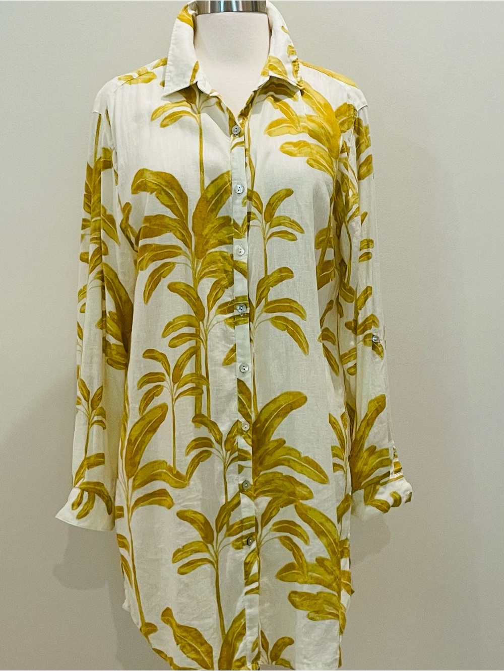 Tahari White and Mustard Leaf-Print Swim Coverup